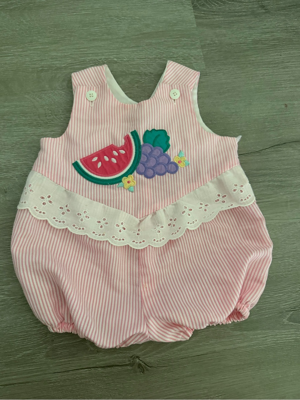90s vintage Pink Striped Baby Romper with Fruit Appliqué